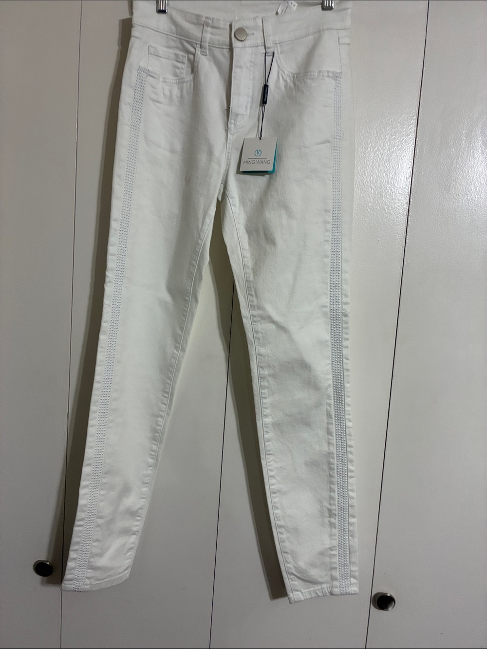 Ming Wang White Skinny Women Jeans with Side Trim